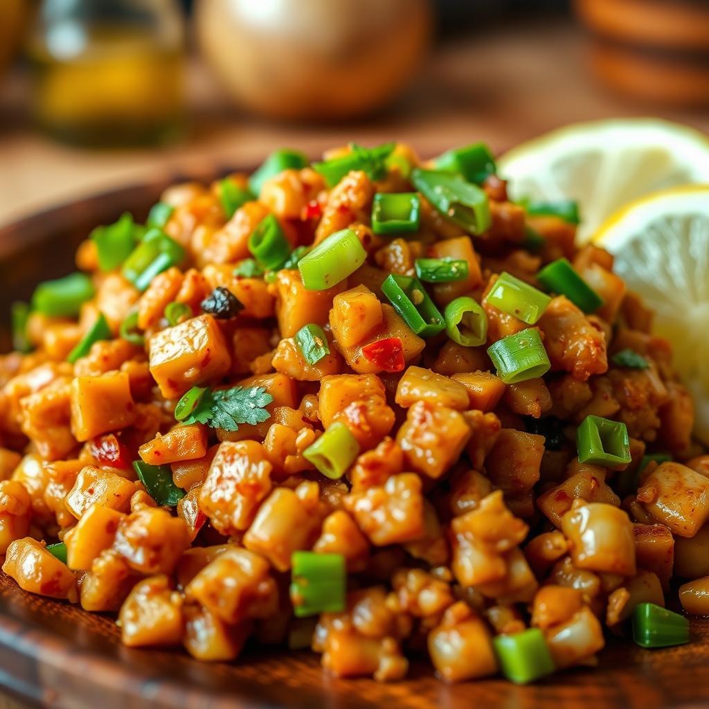 A vibrant, close-up image of a delicious dish featuring spicy minced tempeh sautéed with garlic
