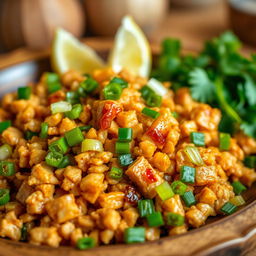 A vibrant, close-up image of a delicious dish featuring spicy minced tempeh sautéed with garlic