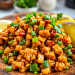 A vibrant, close-up image of a delicious dish featuring spicy minced tempeh sautéed with garlic