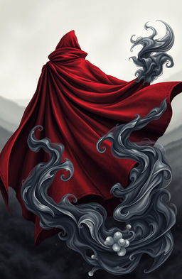 A detailed illustration of a deep red cape billowing dramatically, surrounded by swirling black and white smoke for a mystical atmosphere