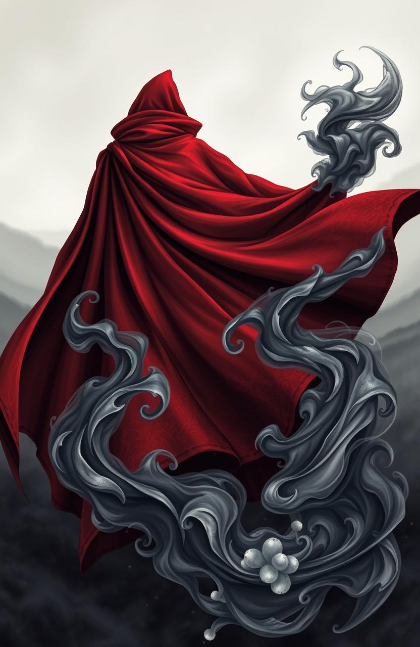 A detailed illustration of a deep red cape billowing dramatically, surrounded by swirling black and white smoke for a mystical atmosphere