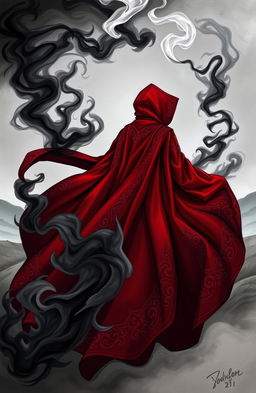 A detailed illustration of a deep red cape billowing dramatically, surrounded by swirling black and white smoke for a mystical atmosphere