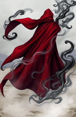 A detailed illustration of a deep red cape billowing dramatically, surrounded by swirling black and white smoke for a mystical atmosphere