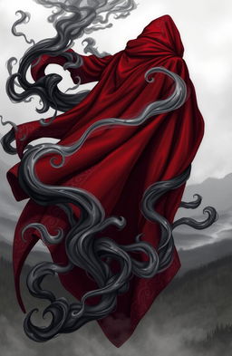 A detailed illustration of a deep red cape billowing dramatically, surrounded by swirling black and white smoke for a mystical atmosphere