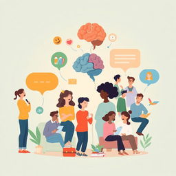 An illustration representing the concept of Psychology, featuring a diverse group of individuals engaged in various activities that symbolize mental processes such as thinking, emoting, and social interaction