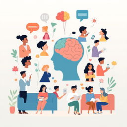 An illustration representing the concept of Psychology, featuring a diverse group of individuals engaged in various activities that symbolize mental processes such as thinking, emoting, and social interaction