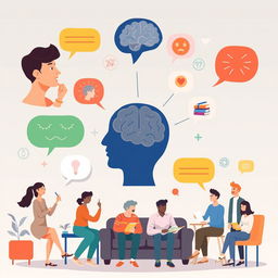 An illustration representing the concept of Psychology, featuring a diverse group of individuals engaged in various activities that symbolize mental processes such as thinking, emoting, and social interaction