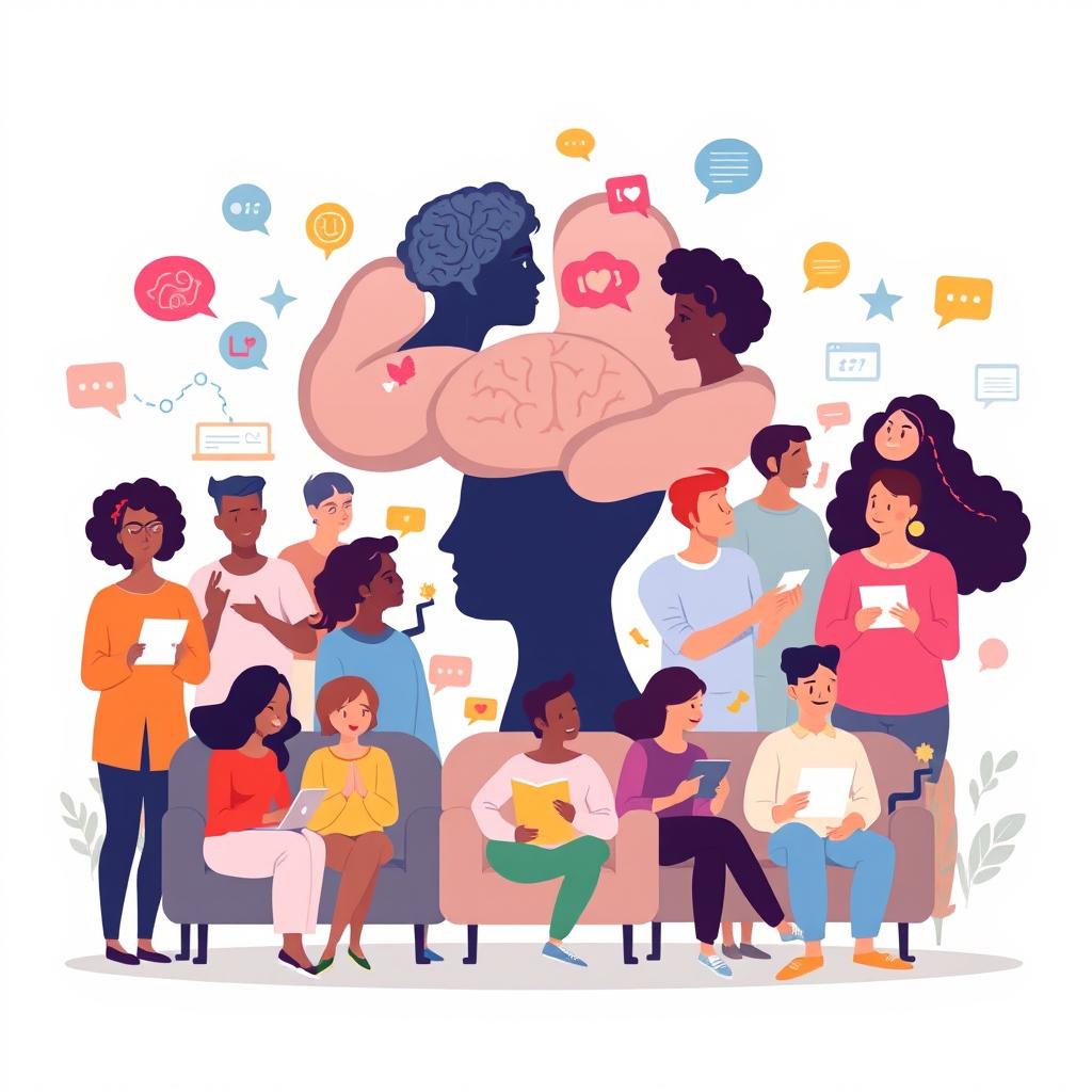 An illustration representing the concept of Psychology, featuring a diverse group of individuals engaged in various activities that symbolize mental processes such as thinking, emoting, and social interaction