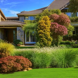 Beautiful suburban house with a lush green lawn and vibrant flowers on a sunny day