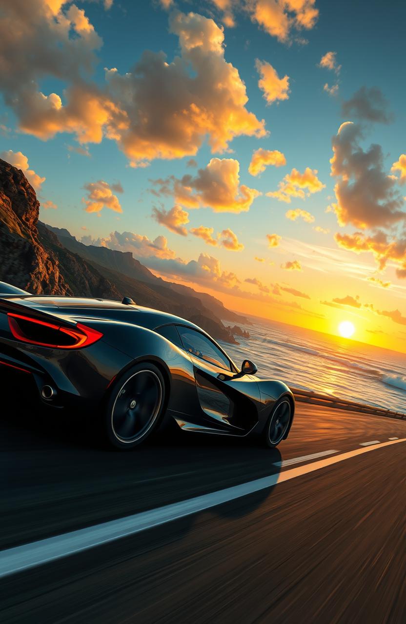A stunning digital art piece depicting a sleek black sports car racing on a scenic coastal highway