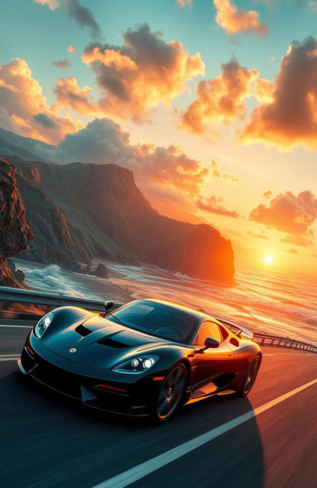 A stunning digital art piece depicting a sleek black sports car racing on a scenic coastal highway
