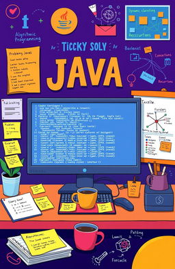 A vibrant illustration showcasing various tricky Java programming challenges, including problem-solving scenarios such as data structures, algorithms, and coding puzzles