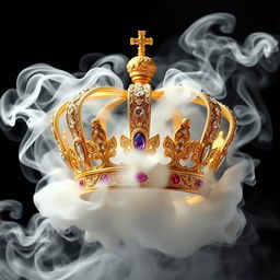 A majestic golden crown surrounded by swirling white smoke