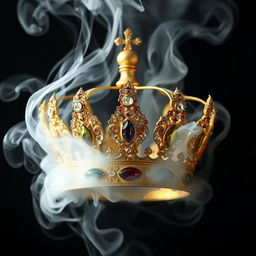 A majestic golden crown surrounded by swirling white smoke