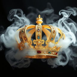 A majestic golden crown surrounded by swirling white smoke
