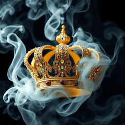 A majestic golden crown surrounded by swirling white smoke