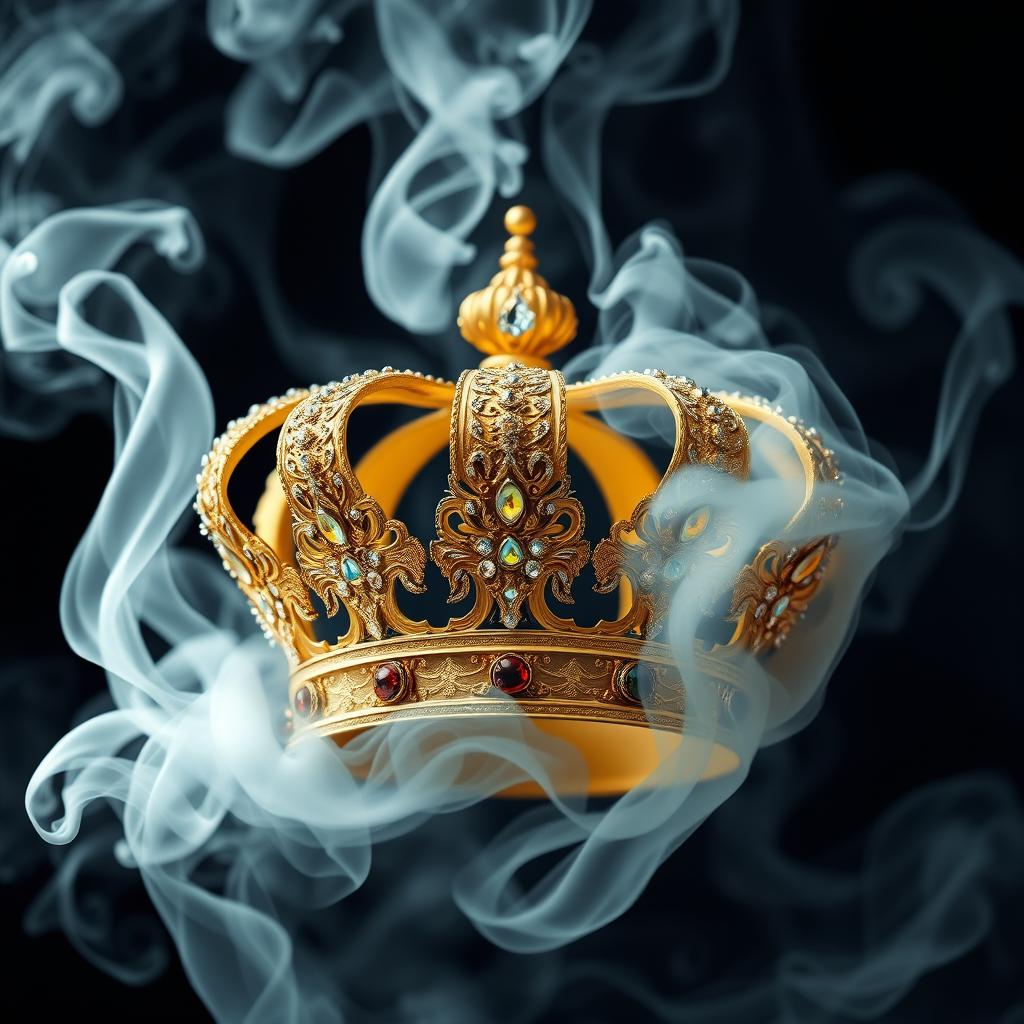 A majestic golden crown surrounded by swirling white smoke