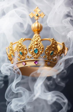 A stunning golden crown surrounded by swirling white smoke, creating an ethereal and mystical atmosphere