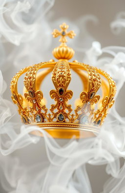 A stunning golden crown surrounded by swirling white smoke, creating an ethereal and mystical atmosphere
