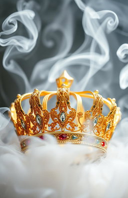 A stunning golden crown surrounded by swirling white smoke, creating an ethereal and mystical atmosphere