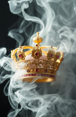 A stunning golden crown surrounded by swirling white smoke, creating an ethereal and mystical atmosphere