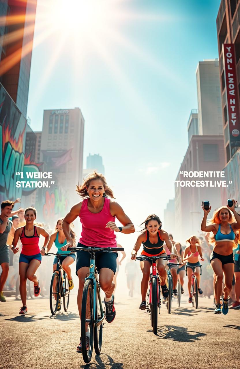 An energetic, dynamic scene showcasing the spirit of determination and motivation, featuring a diverse group of athletes engaged in various sports activities like running, cycling, and weightlifting