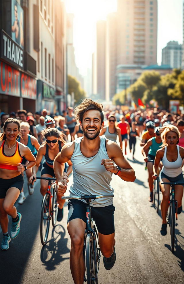 An energetic, dynamic scene showcasing the spirit of determination and motivation, featuring a diverse group of athletes engaged in various sports activities like running, cycling, and weightlifting