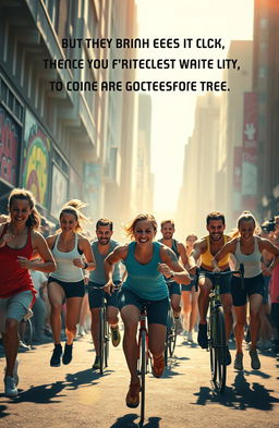 An energetic, dynamic scene showcasing the spirit of determination and motivation, featuring a diverse group of athletes engaged in various sports activities like running, cycling, and weightlifting