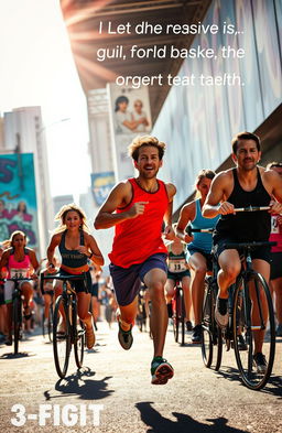 An energetic, dynamic scene showcasing the spirit of determination and motivation, featuring a diverse group of athletes engaged in various sports activities like running, cycling, and weightlifting