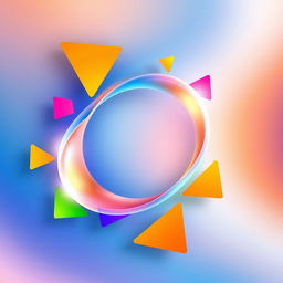 A vibrant abstract composition featuring a central circle that is creatively bent and warped, resembling a ripple effect, surrounded by colorful geometric shapes like triangles and squares