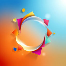 A vibrant abstract composition featuring a central circle that is creatively bent and warped, resembling a ripple effect, surrounded by colorful geometric shapes like triangles and squares