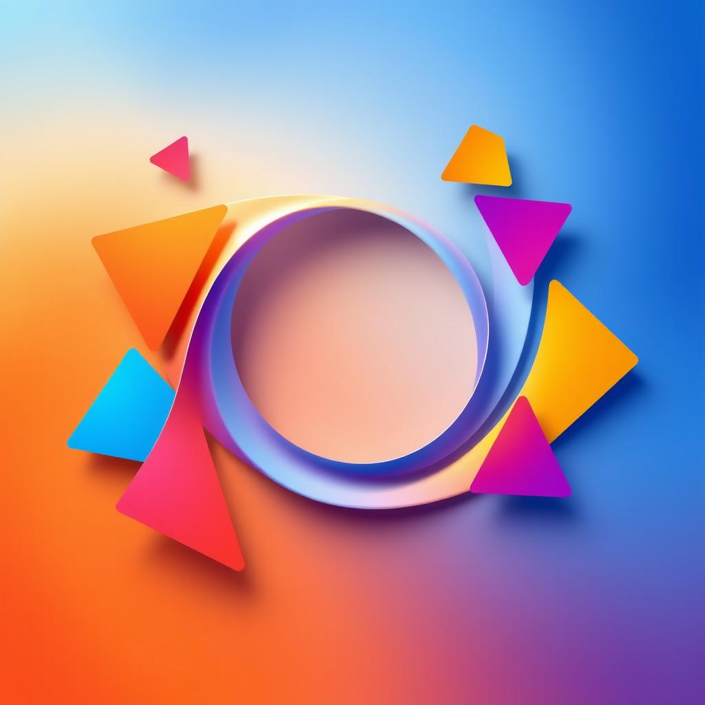 A vibrant abstract composition featuring a central circle that is creatively bent and warped, resembling a ripple effect, surrounded by colorful geometric shapes like triangles and squares