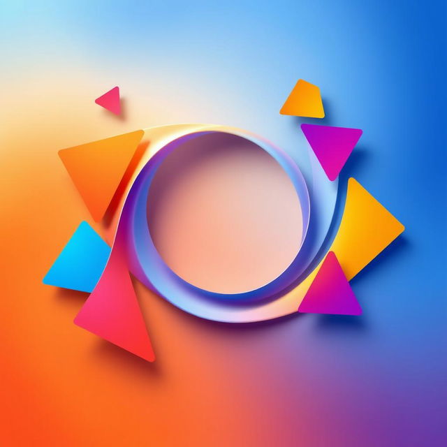 A vibrant abstract composition featuring a central circle that is creatively bent and warped, resembling a ripple effect, surrounded by colorful geometric shapes like triangles and squares