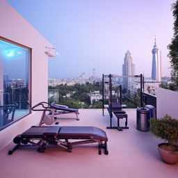 Interior design of a compact gym on a terrace, with space-saving fitness equipment, an open-air setup, overlooking the cityscape.