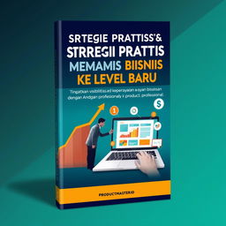 A professional and eye-catching book cover design for 'Strategi Praktis untuk Membawa Bisnis ke Level Baru', with the subtitle 'Tingkatkan visibilitas dan kepercayaan bisnis Anda dengan website profesional', published by PRODUCTMASTER