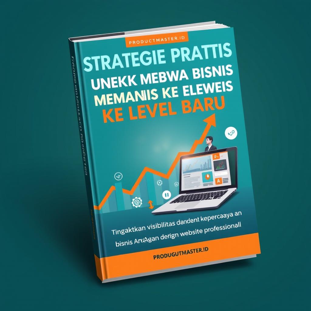 A professional and eye-catching book cover design for 'Strategi Praktis untuk Membawa Bisnis ke Level Baru', with the subtitle 'Tingkatkan visibilitas dan kepercayaan bisnis Anda dengan website profesional', published by PRODUCTMASTER