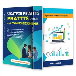 A visually appealing and modern book cover design for 'Strategi Praktis untuk Membawa Bisnis ke Level Baru', featuring the subtitle 'Tingkatkan visibilitas dan kepercayaan bisnis Anda dengan website profesional dari PRODUCTMASTER