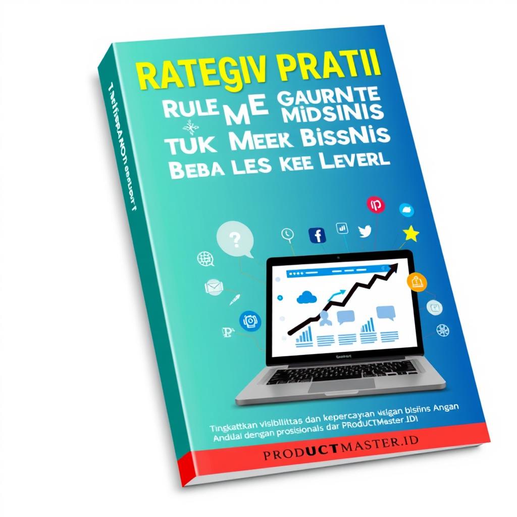 A visually appealing and modern book cover design for 'Strategi Praktis untuk Membawa Bisnis ke Level Baru', featuring the subtitle 'Tingkatkan visibilitas dan kepercayaan bisnis Anda dengan website profesional dari PRODUCTMASTER