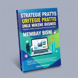A visually appealing and modern book cover design for 'Strategi Praktis untuk Membawa Bisnis ke Level Baru', featuring the subtitle 'Tingkatkan visibilitas dan kepercayaan bisnis Anda dengan website profesional dari PRODUCTMASTER