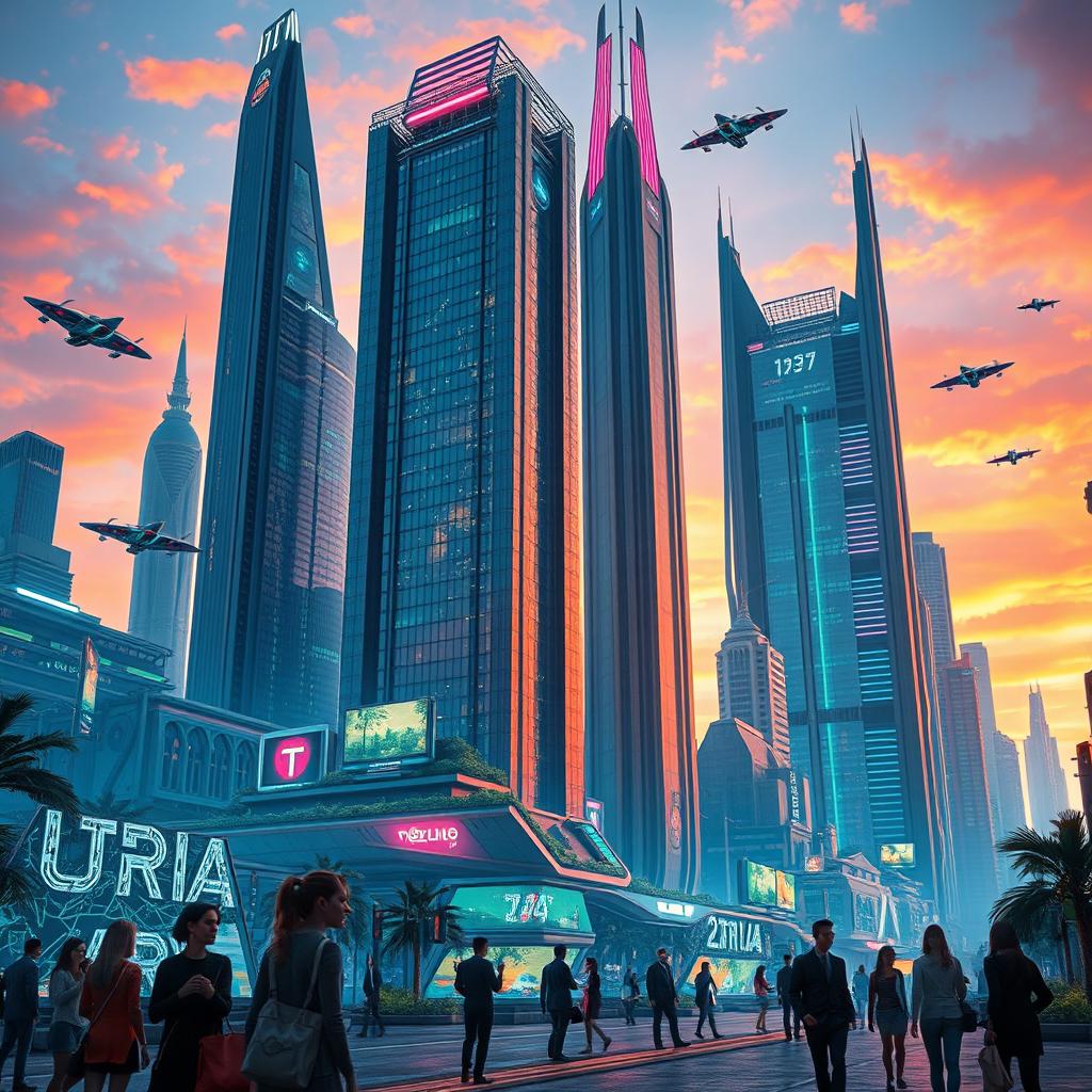 A futuristic cityscape inspired by a sci-fi theme, showcasing advanced architecture and flying vehicles in a vibrant sunset sky