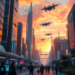 A futuristic cityscape inspired by a sci-fi theme, showcasing advanced architecture and flying vehicles in a vibrant sunset sky