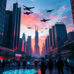 A futuristic cityscape inspired by a sci-fi theme, showcasing advanced architecture and flying vehicles in a vibrant sunset sky