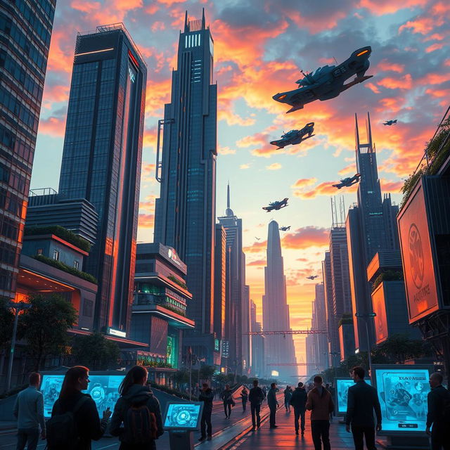 A futuristic cityscape inspired by a sci-fi theme, showcasing advanced architecture and flying vehicles in a vibrant sunset sky