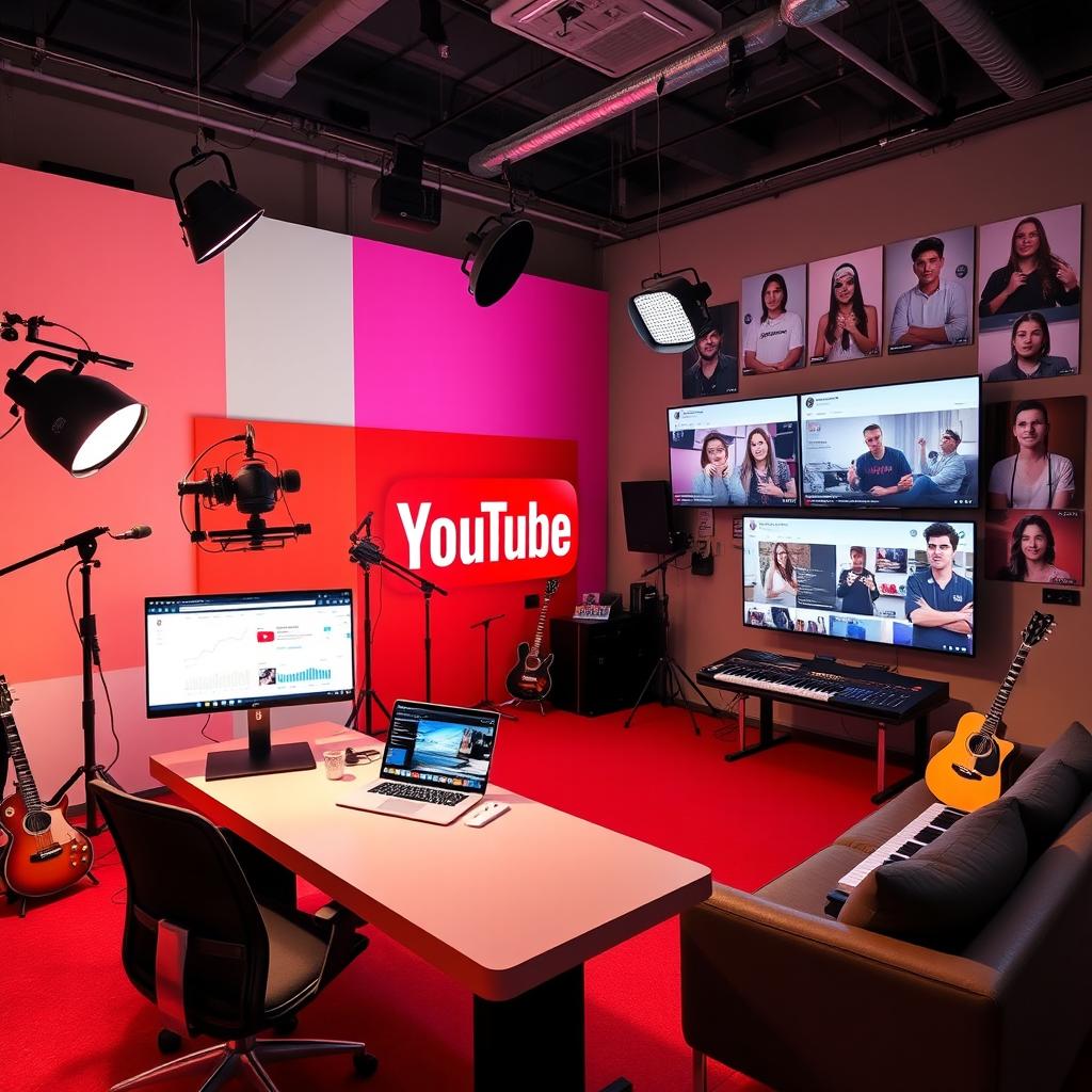 A vibrant and modern YouTube studio space, featuring a colorful backdrop with the YouTube logo prominently displayed
