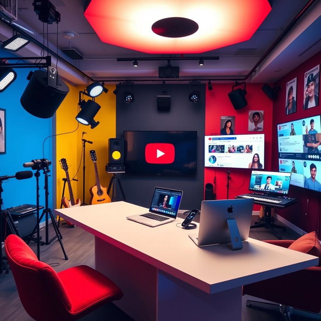 A vibrant and modern YouTube studio space, featuring a colorful backdrop with the YouTube logo prominently displayed