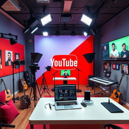 A vibrant and modern YouTube studio space, featuring a colorful backdrop with the YouTube logo prominently displayed