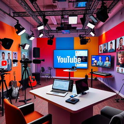 A vibrant and modern YouTube studio space, featuring a colorful backdrop with the YouTube logo prominently displayed