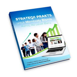 A polished and attractive book cover design for 'Strategi Praktis untuk Membawa Bisnis ke Level Baru', featuring the subtitle 'Tingkatkan visibilitas dan kepercayaan bisnis Anda dengan website profesional dari PRODUCTMASTER