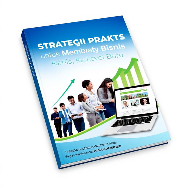 A polished and attractive book cover design for 'Strategi Praktis untuk Membawa Bisnis ke Level Baru', featuring the subtitle 'Tingkatkan visibilitas dan kepercayaan bisnis Anda dengan website profesional dari PRODUCTMASTER