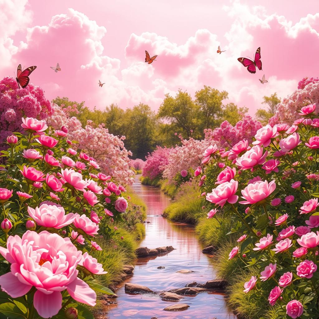 A vibrant pink landscape featuring a lush garden filled with blooming pink flowers, including peonies and cherry blossoms